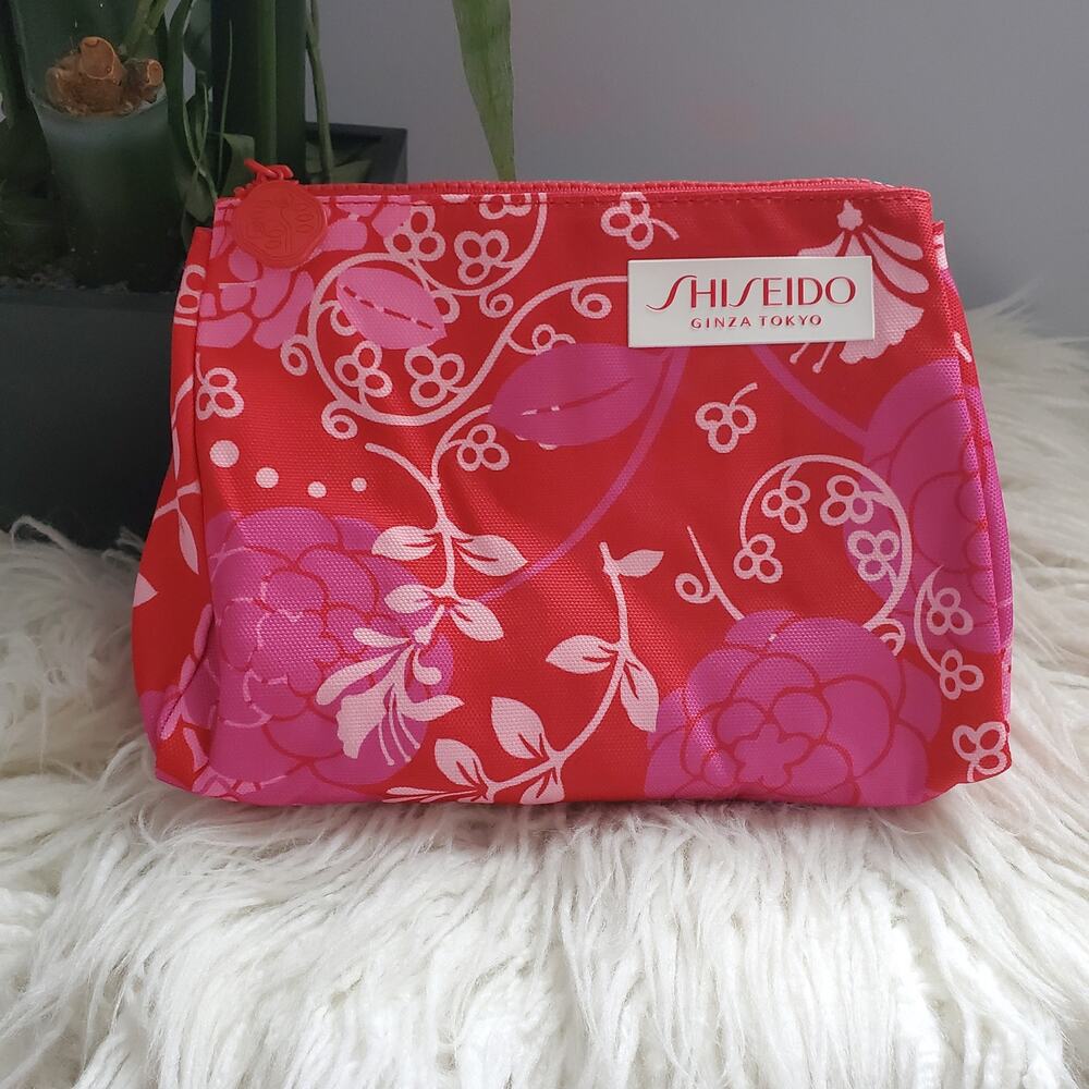 Shiseido Ginzo Tokyo Red Pink Floral Pattern Cosmetic Makeup Bag NWT